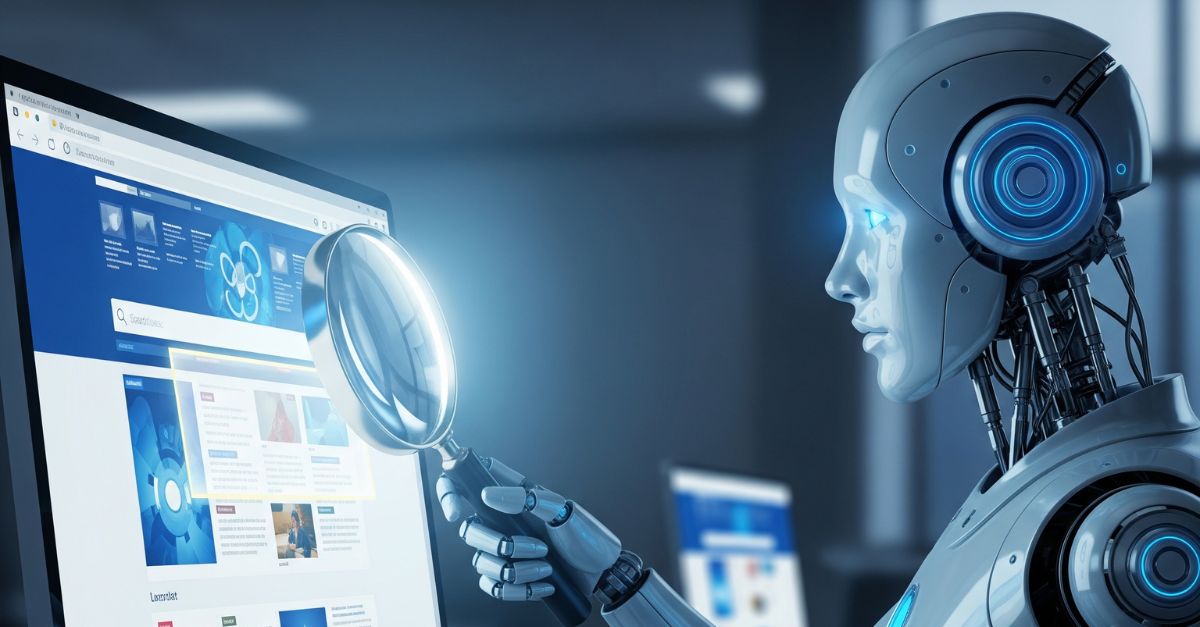 Illustration of a robot scanning a webpage with a magnifying glass