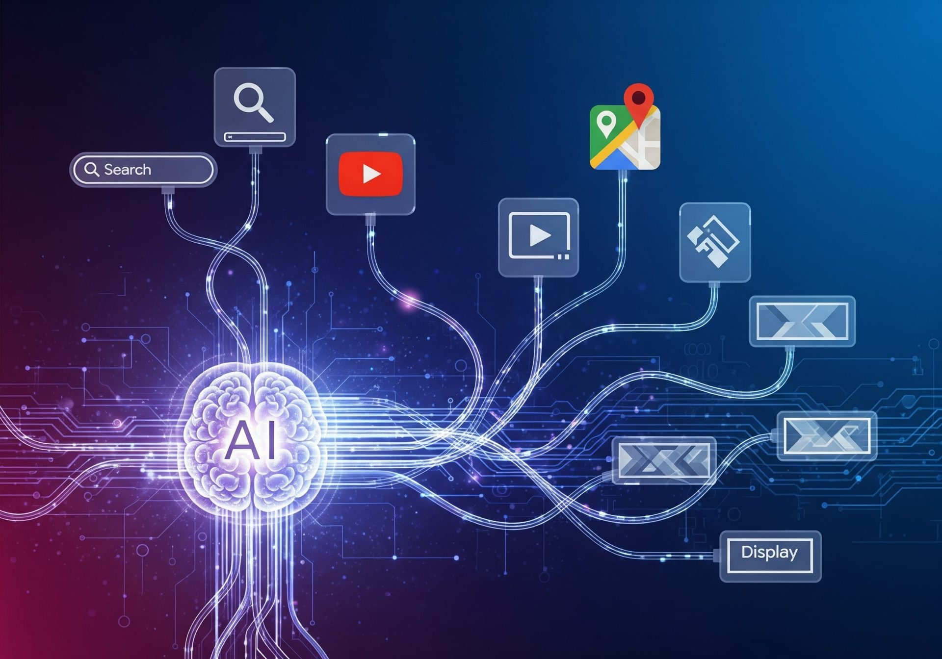 Abstract illustration of AI-driven advertising across Google platforms (Search, YouTube, Maps, Display) Creative team brainstorming digital strategy with charts, sticky notes, and digital devices - K4 Digital