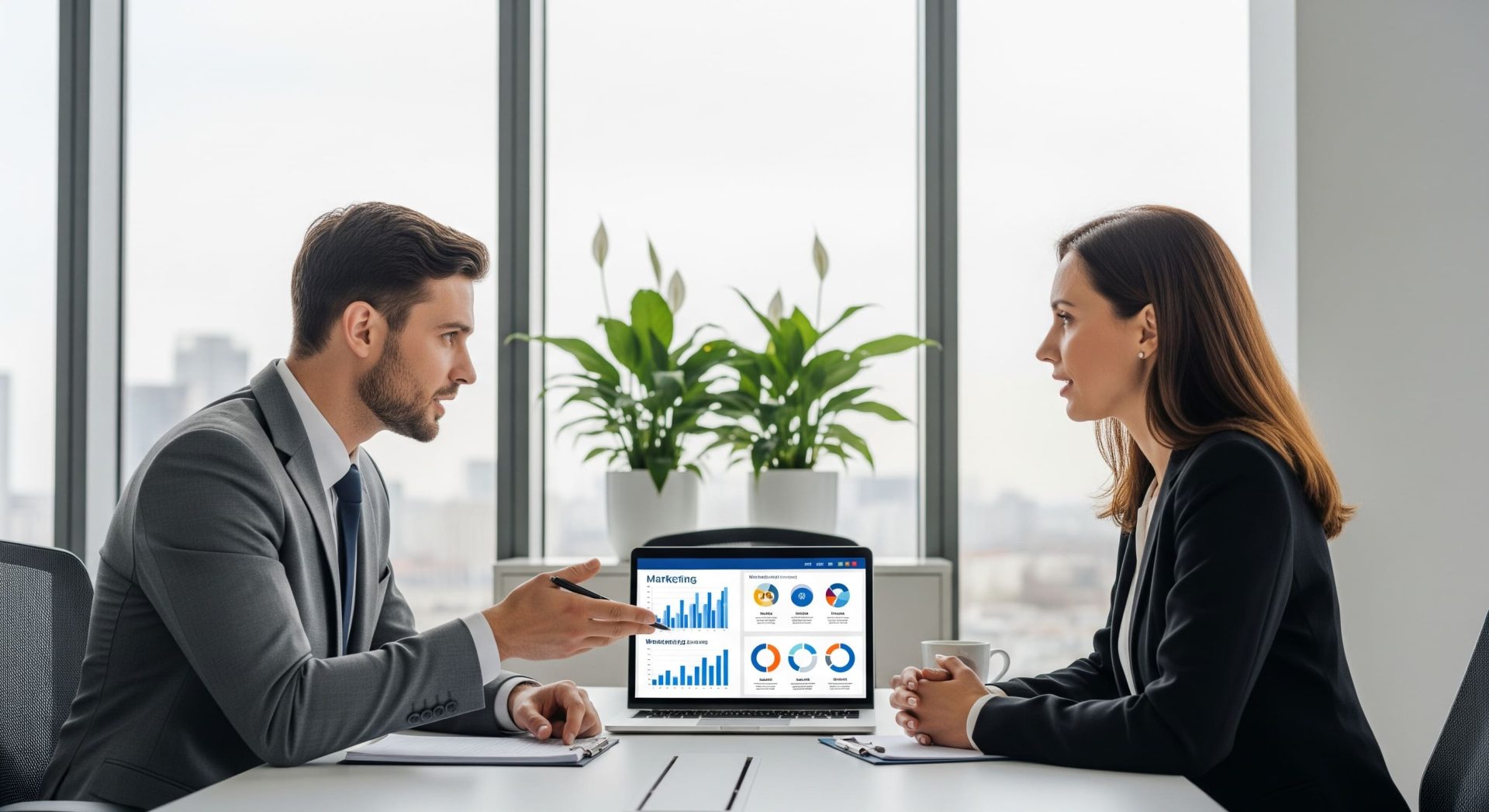 Business consultant discussing digital marketing strategy with a client on laptop, modern office setting - K4 Digital Business consultant discussing digital marketing strategy with a client on laptop, modern office setting