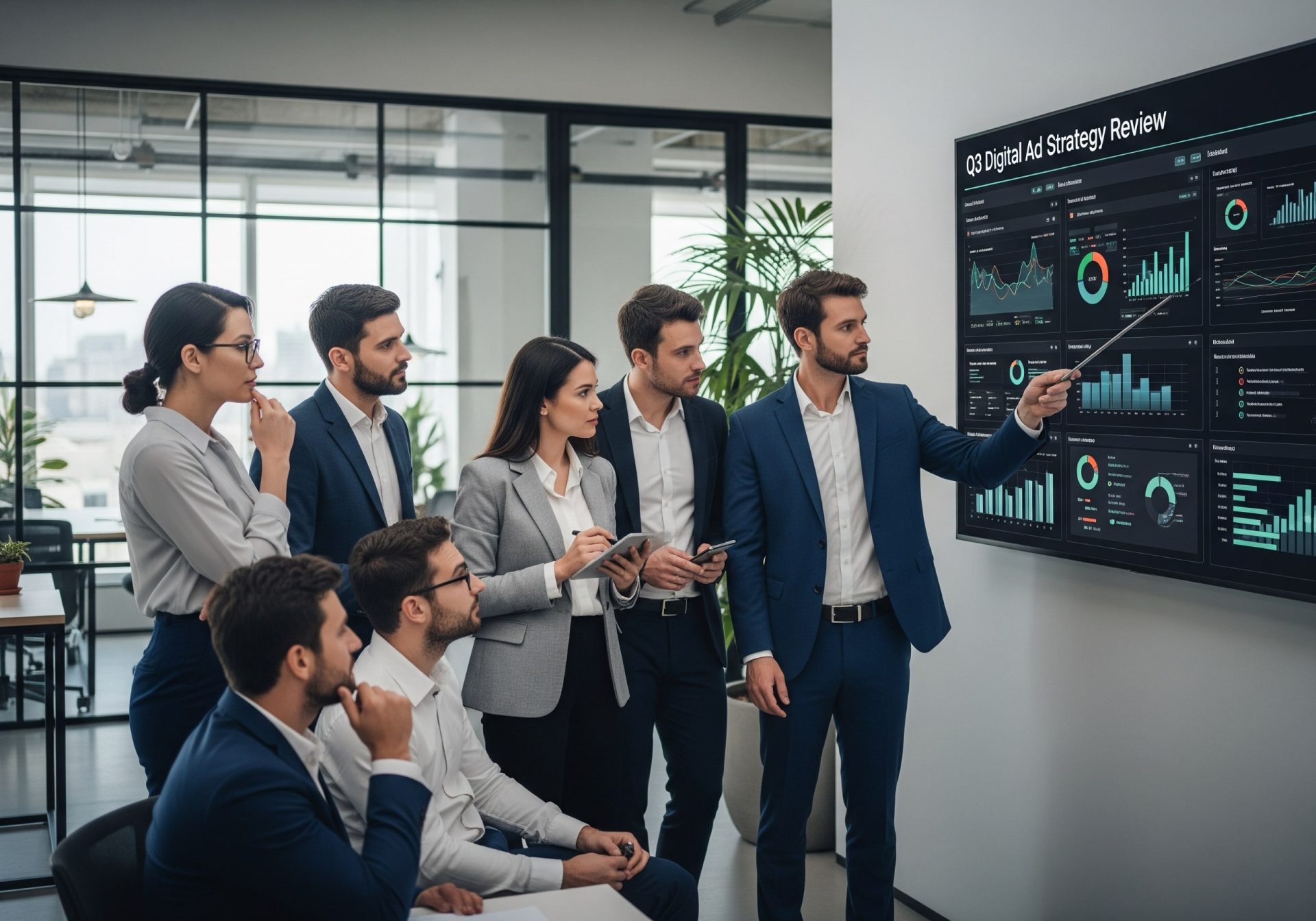 Business team in modern office reviewing digital ad strategy with large screen dashboards Flat lay of laptop, smartphone, coffee cup, and digital marketing analytics dashboard on screen - K4 Digital