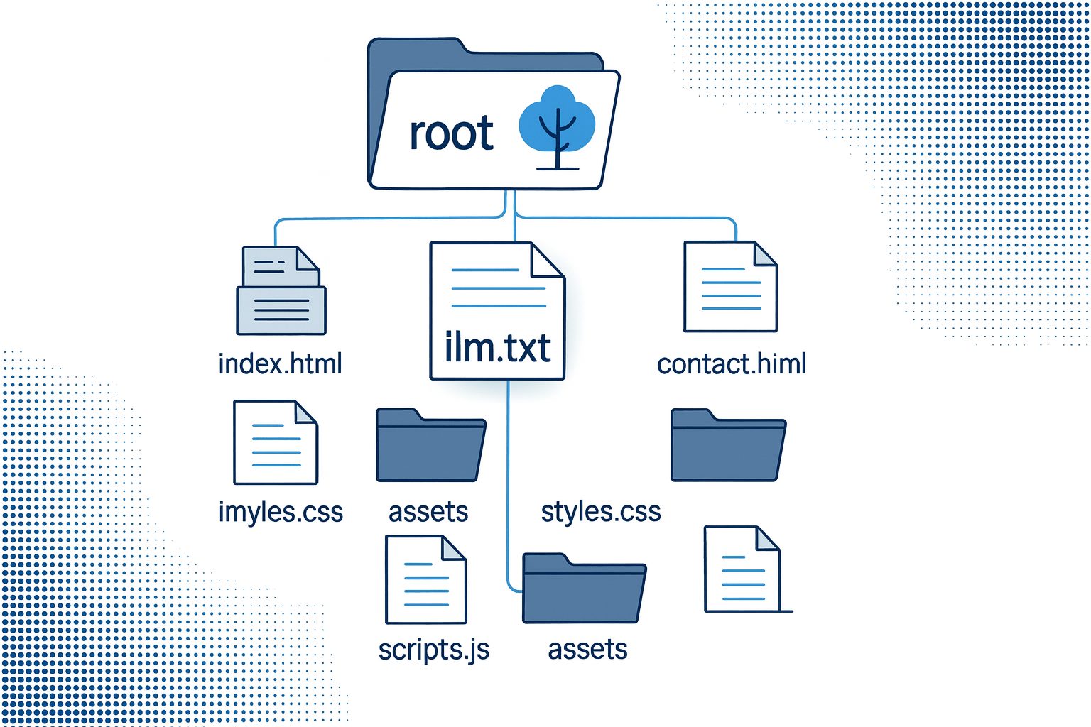 Diagram of a root folder containing HTML, CSS, JS files, and asset folders in a blue-themed hierarchy