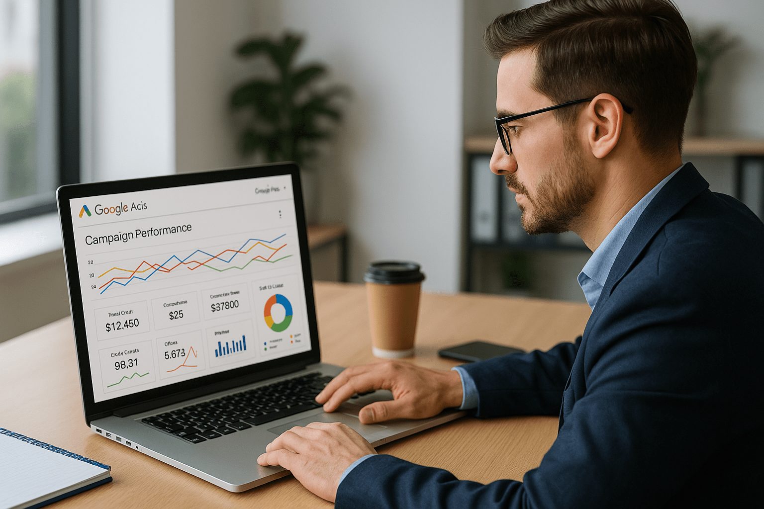 Digital marketing consultant analyzing campaign performance on laptop with charts and Google Ads dashboard Business consultant discussing digital marketing strategy with a client on laptop, modern office setting