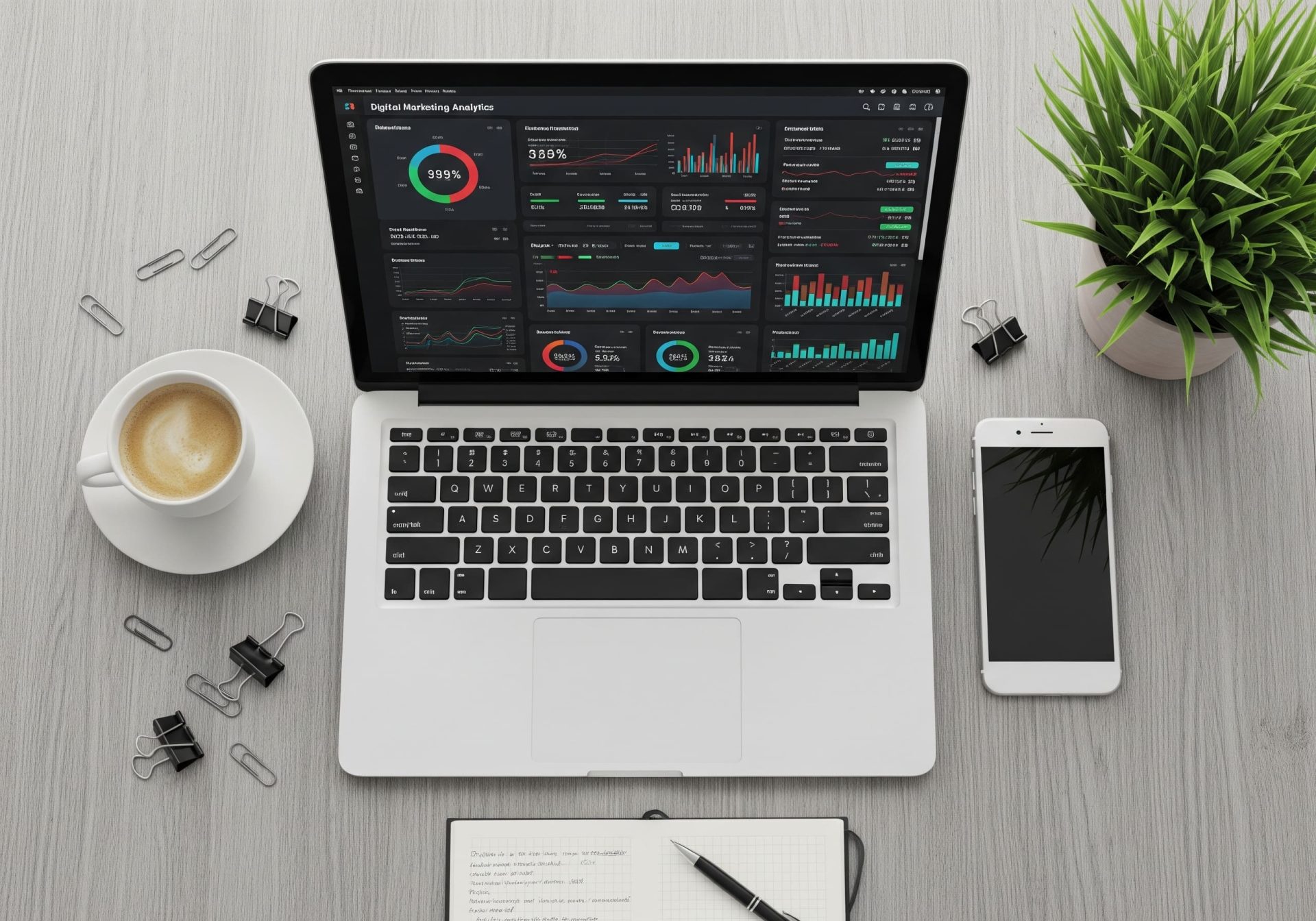 Flat lay of laptop, smartphone, coffee cup, and digital marketing analytics dashboard on screen - K4 Digital Flat lay of laptop, smartphone, coffee cup, and digital marketing analytics dashboard on screen - K4 Digital