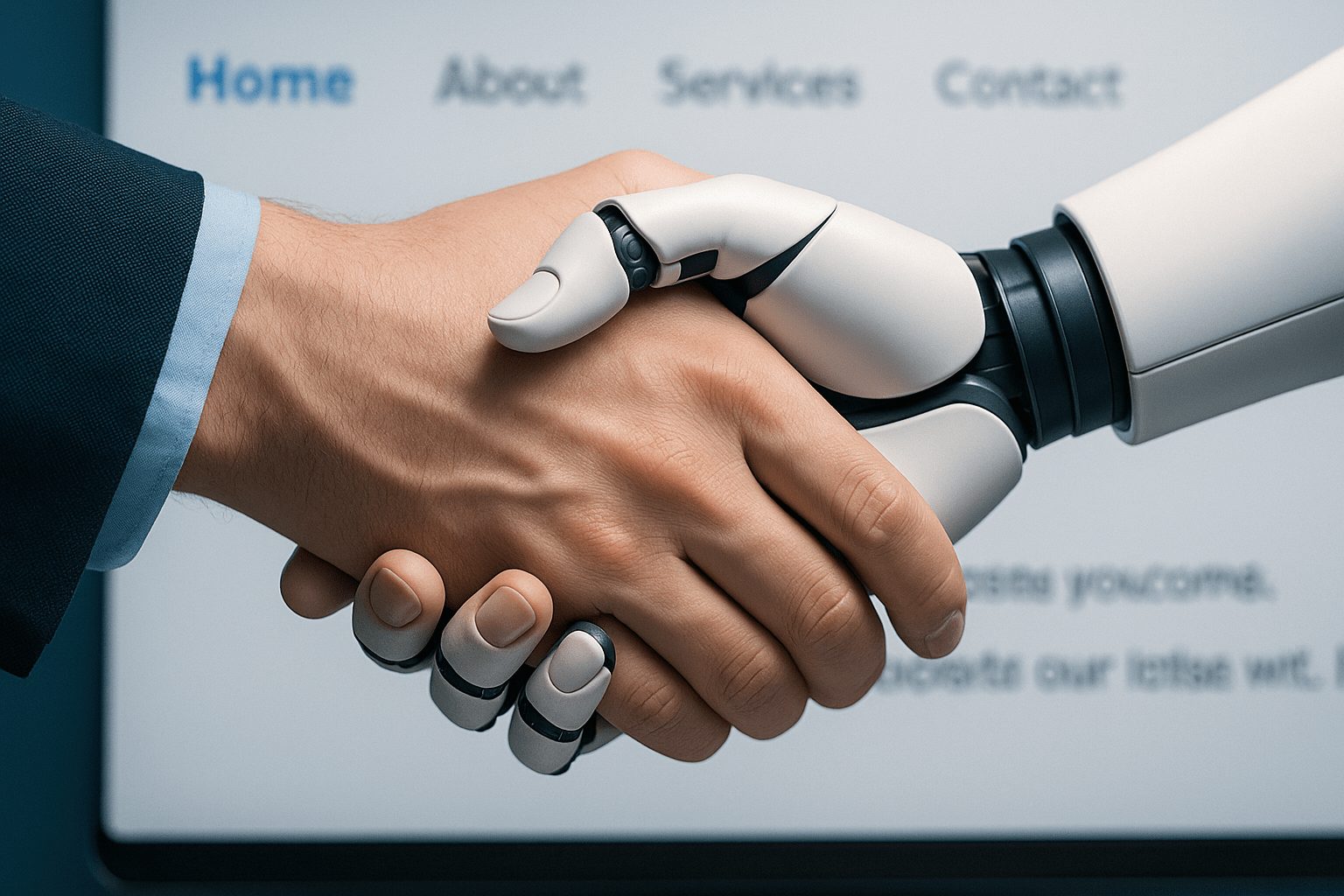 Human hand shaking robotic hand with a background of website text.