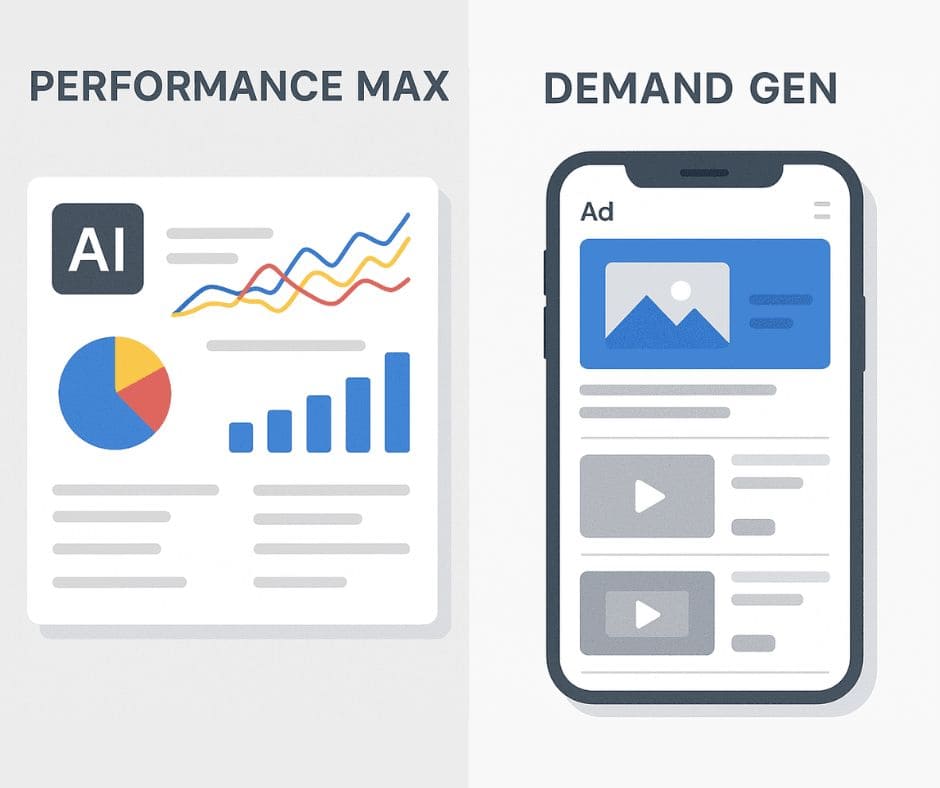 Split-screen comparison showing Performance Max with AI data dashboards on the left and Demand Gen with mobile ads and YouTube feed on the right.