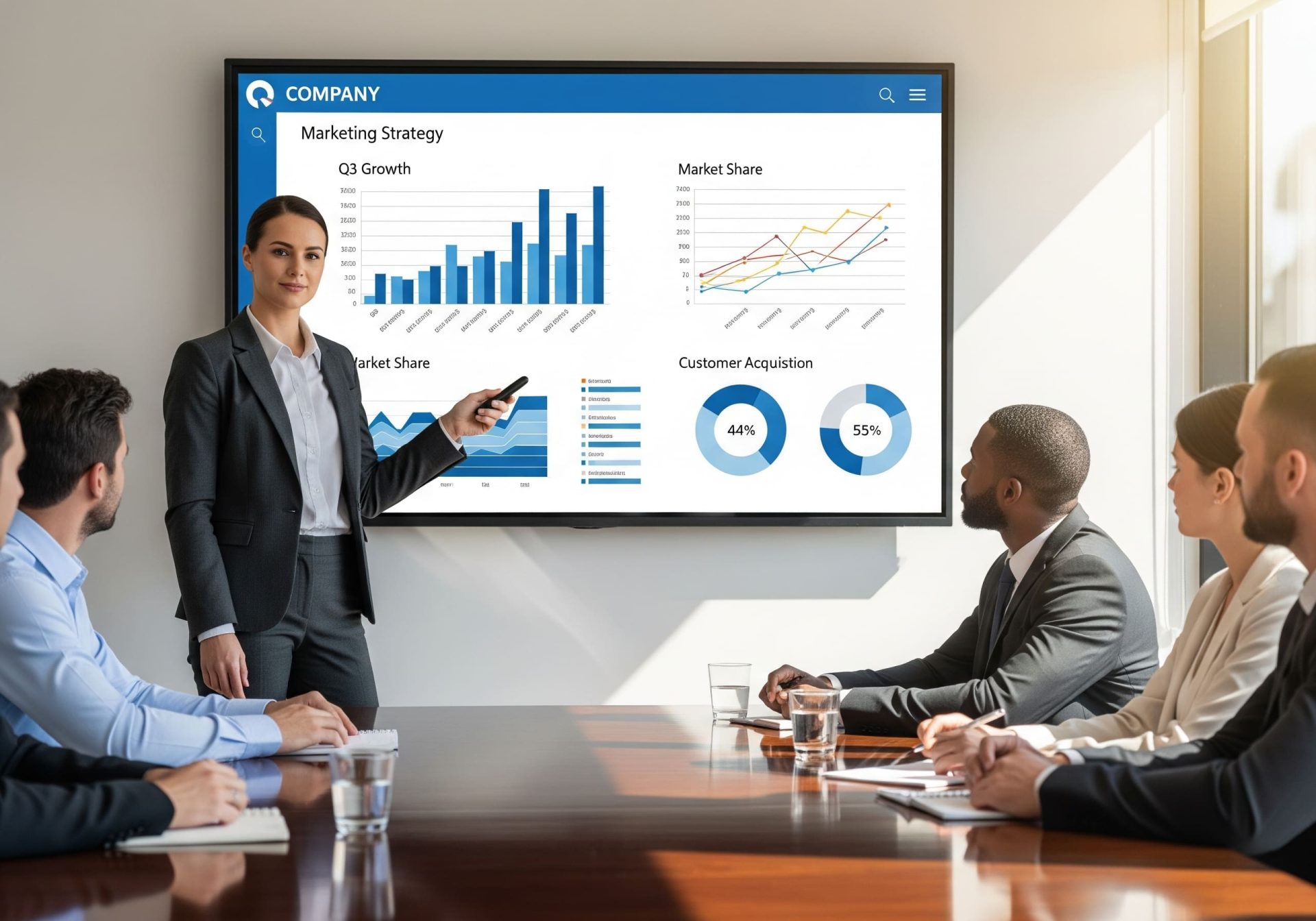 Marketing consultant presenting growth strategy on a large screen with data visuals - K4 Digital Marketing consultant presenting growth strategy on a large screen with data visuals - K4 Digital