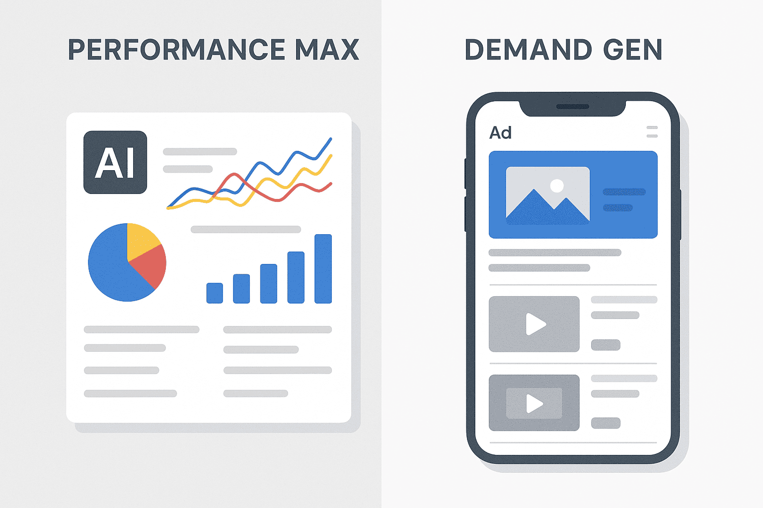 Performance Max vs Demand Gen Split-Screen Illustration Split-screen comparison showing Performance Max with AI data dashboards on the left and Demand Gen with mobile ads and YouTube feed on the right.