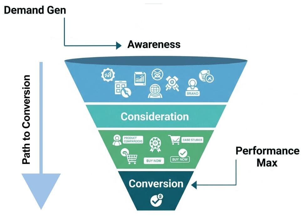 marketing funnel infographic - updated Demand Gen drives awareness at the top of the funnel, while Performance Max focuses on conversions at the bottom.