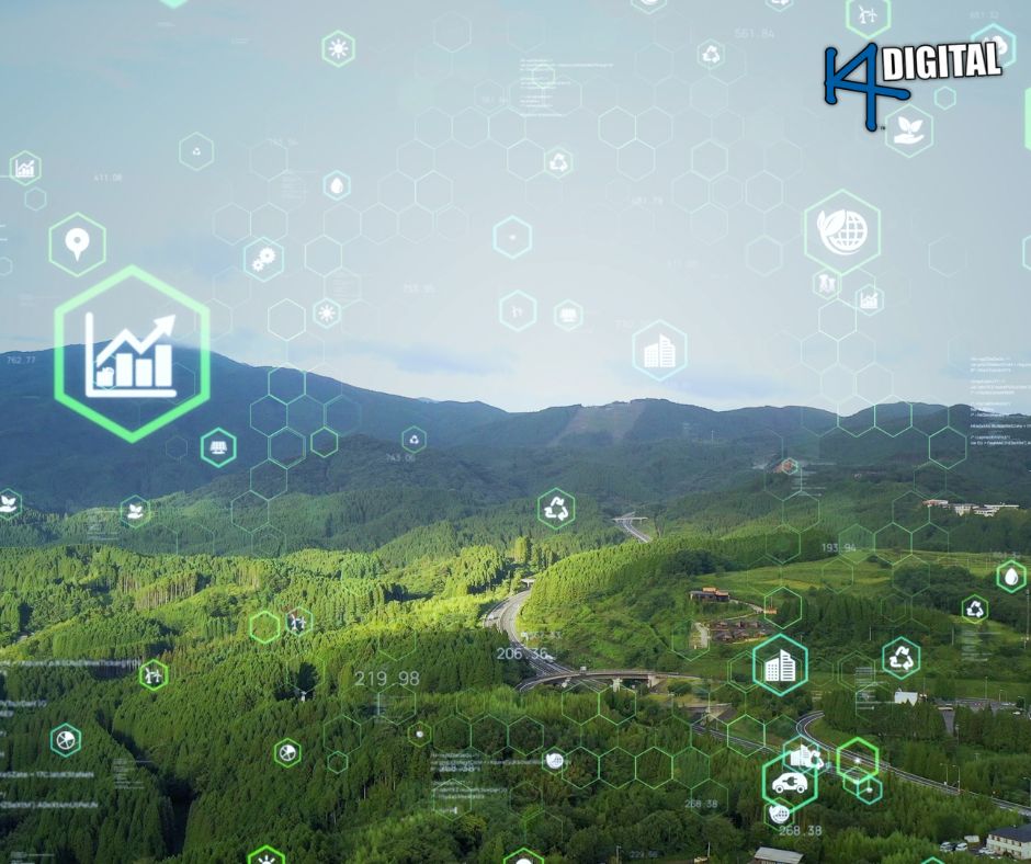 Sustainability marketing concept with eco icons and digital growth overlay on a forest landscape.