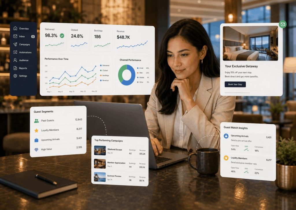 Hotel marketer reviewing email delivery, campaign performance, guest segments, and booking results on a digital dashboard | K4 Digital
