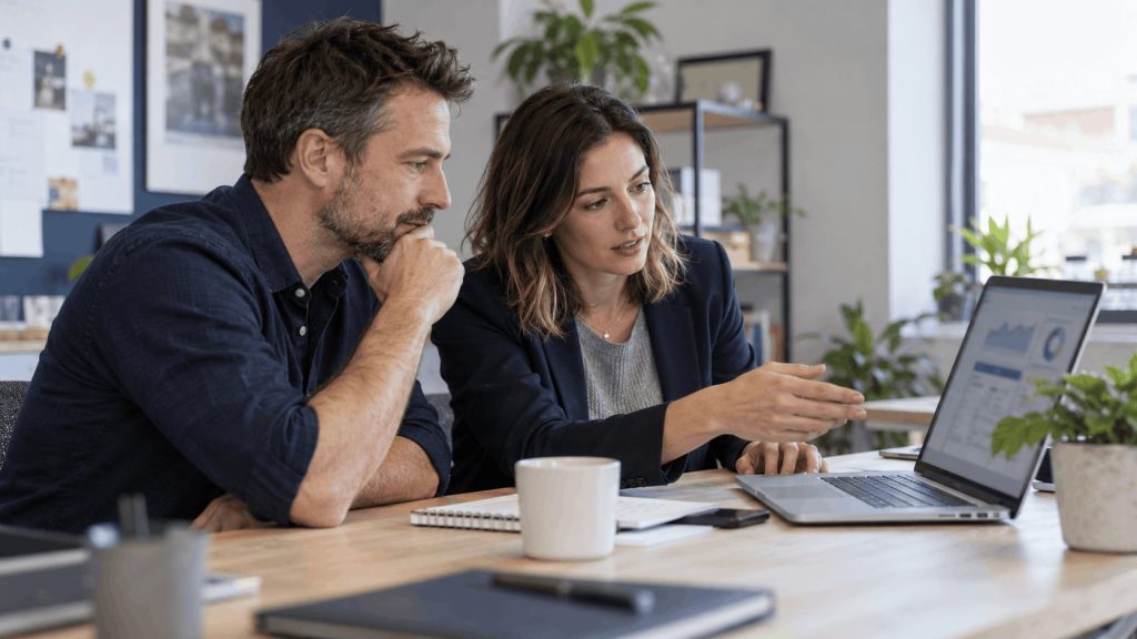 business owner and marketing consultant reviewing advertising results on a laptop