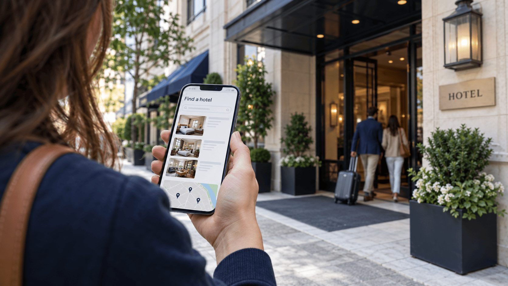 traveler searching hotel listings and a map on a smartphone outside a boutique hotel