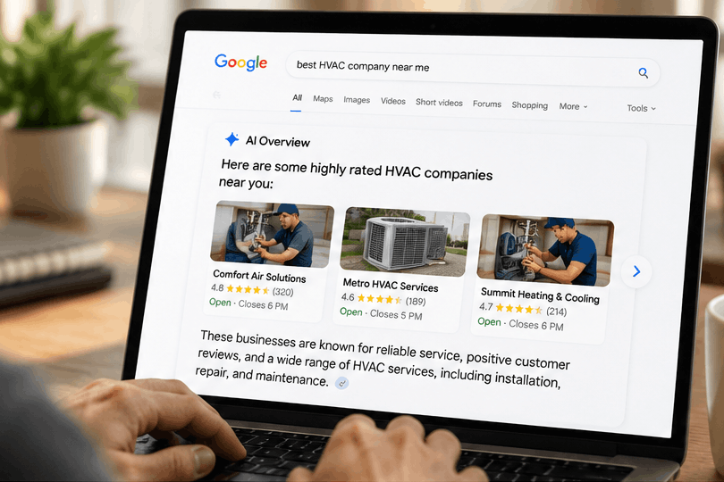 Google AI Overview Search Results for Local HVAC Companies sample google AI search results for local HVAC companies, displaying customer ratings, business hours, and services