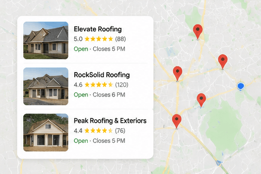 Google Maps Search Results for Roofing Contractors sample google maps local search results for roofing contractors, showing business locations, customer ratings, and hours