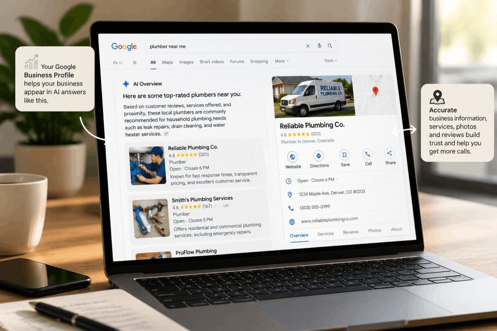 google business profile alongside sample AI search results for local plumbers, showing reviews, services, and contact details