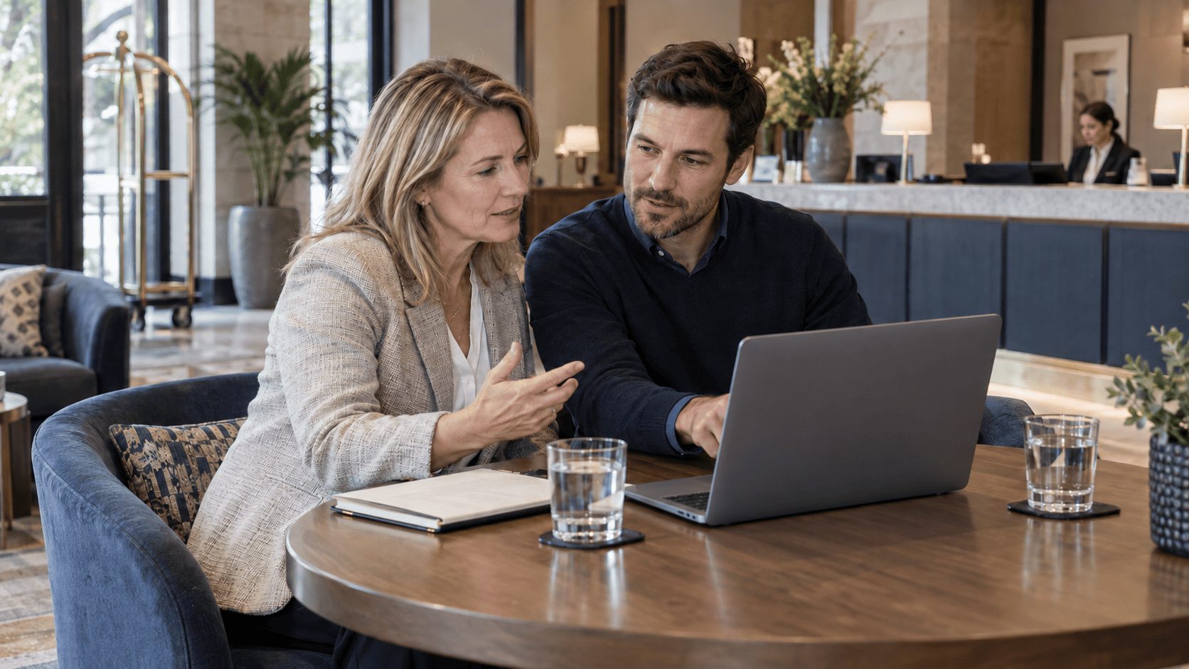 hotel owner and marketing consultant reviewing hotel marketing performance on a laptop