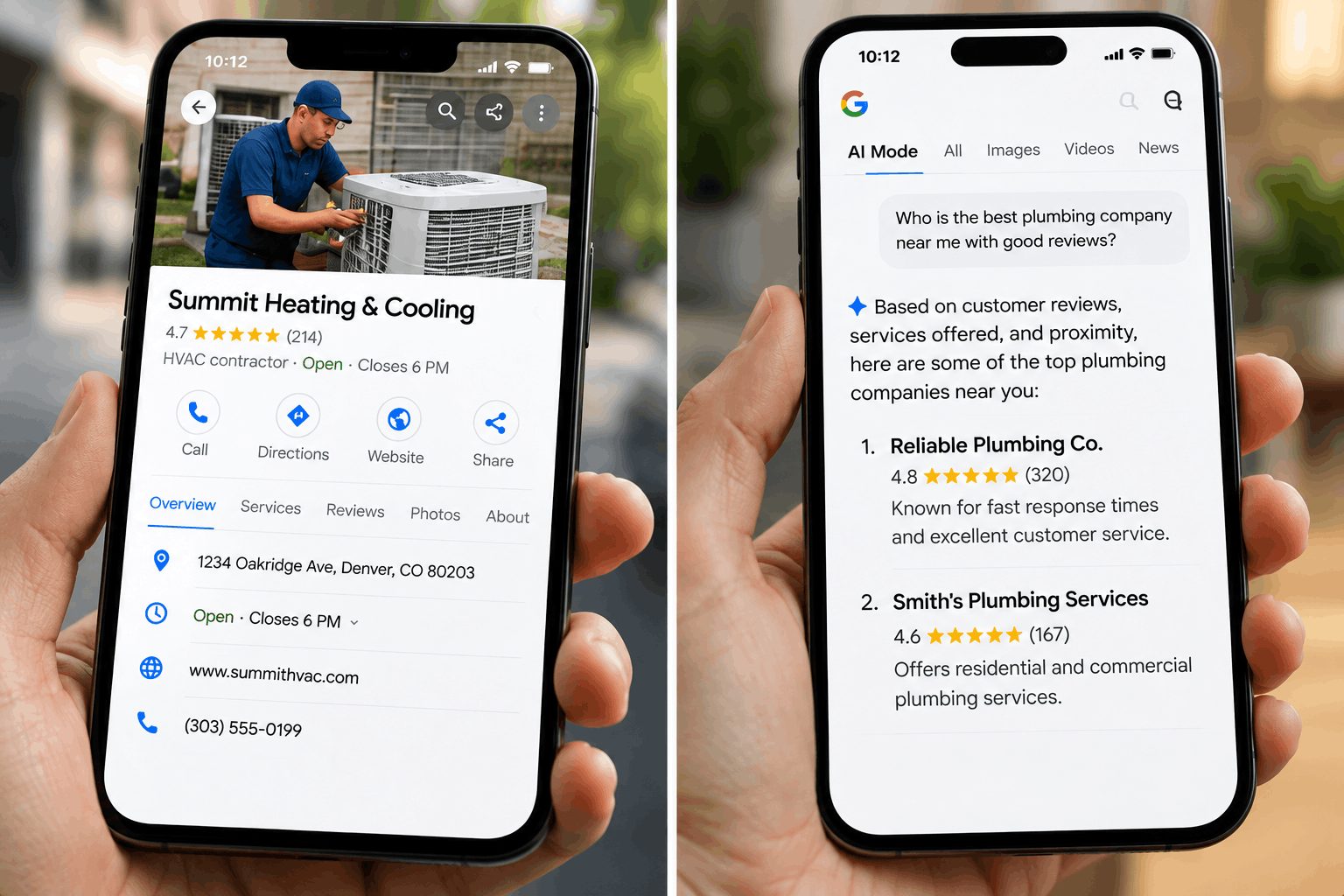 Mobile View of Google Business Profiles and AI Local Search google business profile and ai local search examples on smartphones, showing business details and customer reviews